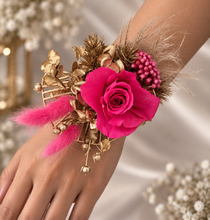 Load image into Gallery viewer, Gold &amp; Hot pink fuchsia preserved rose snap lock corsage AB2034 - School formal, prom, graduation
