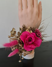 Load image into Gallery viewer, Gold &amp; Hot pink fuchsia preserved rose snap lock corsage AB2034 - School formal, prom, graduation
