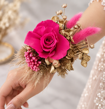 Load image into Gallery viewer, Gold &amp; Hot pink fuchsia preserved rose snap lock corsage AB2034 - School formal, prom, graduation
