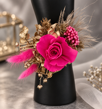Load image into Gallery viewer, Gold &amp; Hot pink fuchsia preserved rose snap lock corsage AB2034 - School formal, prom, graduation
