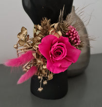 Load image into Gallery viewer, Gold &amp; Hot pink fuchsia preserved rose snap lock corsage AB2034 - School formal, prom, graduation
