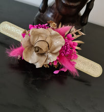 Load image into Gallery viewer, Hot pink fuchsia &amp; gold everlasting flowers snap lock corsage AB2035 - School formal, prom, graduation
