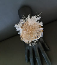 Load image into Gallery viewer, Champagne Gold Orchid &amp; neutral everlasting flowers snap lock corsage AB2036 - School formal, prom, graduation

