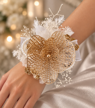 Load image into Gallery viewer, Champagne Gold Orchid &amp; neutral everlasting flowers snap lock corsage AB2036 - School formal, prom, graduation
