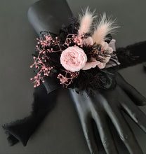 Load image into Gallery viewer, Preserved flowers corsage mini peony pastel pink &amp; black AB2037 - School formal, prom, graduation
