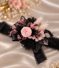 Load image into Gallery viewer, Preserved flowers corsage mini peony pastel pink &amp; black AB2037 - School formal, prom, graduation
