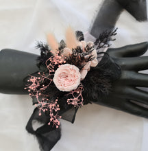 Load image into Gallery viewer, Preserved flowers corsage mini peony pastel pink &amp; black AB2037 - School formal, prom, graduation
