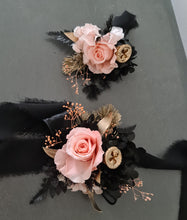 Load image into Gallery viewer, Elegant peach, gold, black preserved rose corsage &amp; buttonhole AB2040 - School formal, prom, graduation
