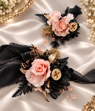 Load image into Gallery viewer, Elegant peach, gold, black preserved rose corsage &amp; buttonhole AB2040 - School formal, prom, graduation
