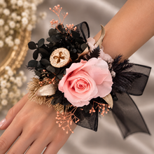 Load image into Gallery viewer, Elegant peach, gold, black preserved rose corsage &amp; buttonhole AB2040 - School formal, prom, graduation
