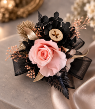 Load image into Gallery viewer, Elegant peach, gold, black preserved rose corsage &amp; buttonhole AB2040 - School formal, prom, graduation
