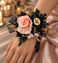 Load image into Gallery viewer, Elegant peach, gold, black preserved rose corsage &amp; buttonhole AB2040 - School formal, prom, graduation
