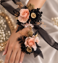 Load image into Gallery viewer, Elegant peach, gold, black preserved rose corsage &amp; buttonhole AB2040 - School formal, prom, graduation

