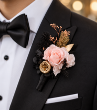 Load image into Gallery viewer, Elegant peach, gold, black preserved rose corsage &amp; buttonhole AB2040 - School formal, prom, graduation
