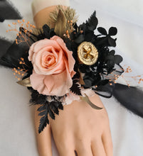 Load image into Gallery viewer, Elegant peach, gold, black preserved rose corsage &amp; buttonhole AB2040 - School formal, prom, graduation
