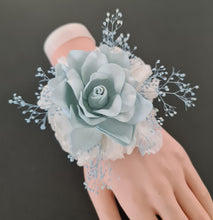 Load image into Gallery viewer, Light blue &amp; white preserved flowers snap lock corsage AB2041 - School formal, prom, graduation
