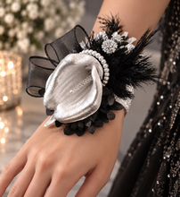 Load image into Gallery viewer, Unique Silver calla lily &amp; black glitter snap lock corsage AB2043 - School formal, prom, graduation
