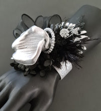 Load image into Gallery viewer, Unique Silver calla lily &amp; black glitter snap lock corsage AB2043 - School formal, prom, graduation

