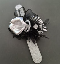 Load image into Gallery viewer, Unique Silver calla lily &amp; black glitter snap lock corsage AB2043 - School formal, prom, graduation
