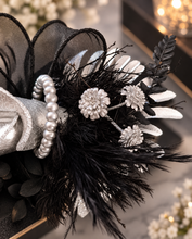 Load image into Gallery viewer, Unique Silver calla lily &amp; black glitter snap lock corsage AB2043 - School formal, prom, graduation

