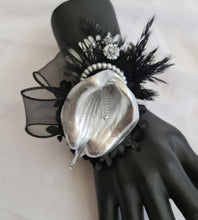 Load image into Gallery viewer, Unique Silver calla lily &amp; black glitter snap lock corsage AB2043 - School formal, prom, graduation
