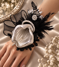 Load image into Gallery viewer, Unique Silver calla lily &amp; black glitter snap lock corsage AB2043 - School formal, prom, graduation
