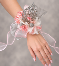 Load image into Gallery viewer, Everlasting preserved flowers corsage in pink, white &amp; silver AB2044 - School formal, prom, graduation
