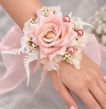 Load image into Gallery viewer, Everlasting preserved flowers corsage pastel pink / peach &amp; white AB2046 - School formal, prom, graduation
