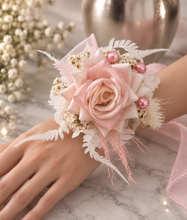 Load image into Gallery viewer, Everlasting preserved flowers corsage pastel pink / peach &amp; white AB2046 - School formal, prom, graduation
