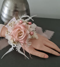 Load image into Gallery viewer, Everlasting preserved flowers corsage pastel pink / peach &amp; white AB2046 - School formal, prom, graduation
