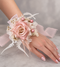 Load image into Gallery viewer, Everlasting preserved flowers corsage pastel pink / peach &amp; white AB2046 - School formal, prom, graduation
