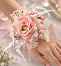 Load image into Gallery viewer, Everlasting preserved flowers corsage pastel pink / peach &amp; white AB2046 - School formal, prom, graduation

