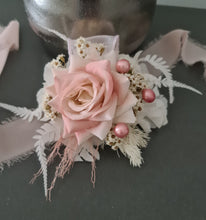 Load image into Gallery viewer, Everlasting preserved flowers corsage pastel pink / peach &amp; white AB2046 - School formal, prom, graduation
