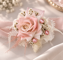 Load image into Gallery viewer, Everlasting preserved flowers corsage pastel pink / peach &amp; white AB2046 - School formal, prom, graduation
