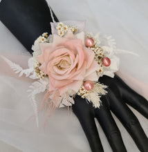 Load image into Gallery viewer, Everlasting preserved flowers corsage pastel pink / peach &amp; white AB2046 - School formal, prom, graduation
