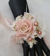 Load image into Gallery viewer, Everlasting preserved flowers corsage pastel pink / peach &amp; white AB2046 - School formal, prom, graduation
