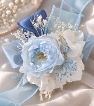 Load image into Gallery viewer, Soft blue &amp; white preserved peony corsage AB2049 - School formal, prom, graduation
