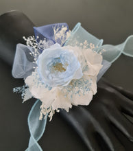 Load image into Gallery viewer, Soft blue &amp; white preserved peony corsage AB2049 - School formal, prom, graduation
