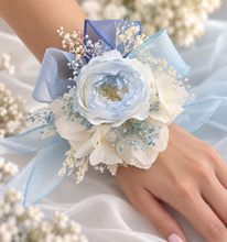 Load image into Gallery viewer, Soft blue &amp; white preserved peony corsage AB2049 - School formal, prom, graduation
