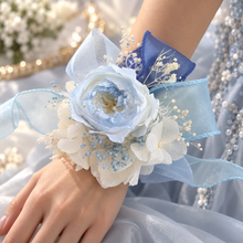 Load image into Gallery viewer, Soft blue &amp; white preserved peony corsage AB2049 - School formal, prom, graduation
