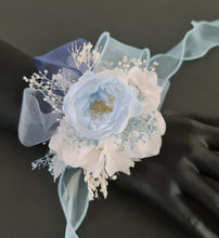 Load image into Gallery viewer, Soft blue &amp; white preserved peony corsage AB2049 - School formal, prom, graduation
