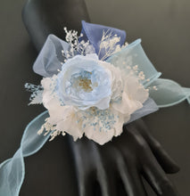 Load image into Gallery viewer, Soft blue &amp; white preserved peony corsage AB2049 - School formal, prom, graduation
