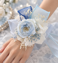 Load image into Gallery viewer, Soft blue &amp; white preserved peony corsage AB2049 - School formal, prom, graduation
