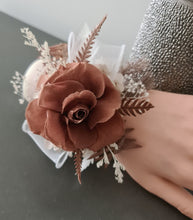 Load image into Gallery viewer, Preserved rose snap lock corsage in brown &amp; white AB2050 - School formal, prom, graduation
