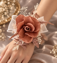 Load image into Gallery viewer, Preserved rose snap lock corsage in brown &amp; white AB2050 - School formal, prom, graduation
