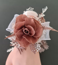 Load image into Gallery viewer, Preserved rose snap lock corsage in brown &amp; white AB2050 - School formal, prom, graduation

