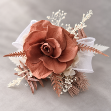 Load image into Gallery viewer, Preserved rose snap lock corsage in brown &amp; white AB2050 - School formal, prom, graduation
