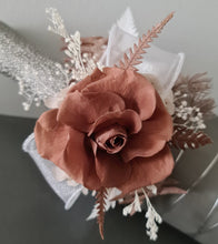 Load image into Gallery viewer, Preserved rose snap lock corsage in brown &amp; white AB2050 - School formal, prom, graduation
