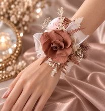 Load image into Gallery viewer, Preserved rose snap lock corsage in brown &amp; white AB2050 - School formal, prom, graduation
