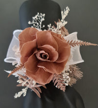 Load image into Gallery viewer, Preserved rose snap lock corsage in brown &amp; white AB2050 - School formal, prom, graduation
